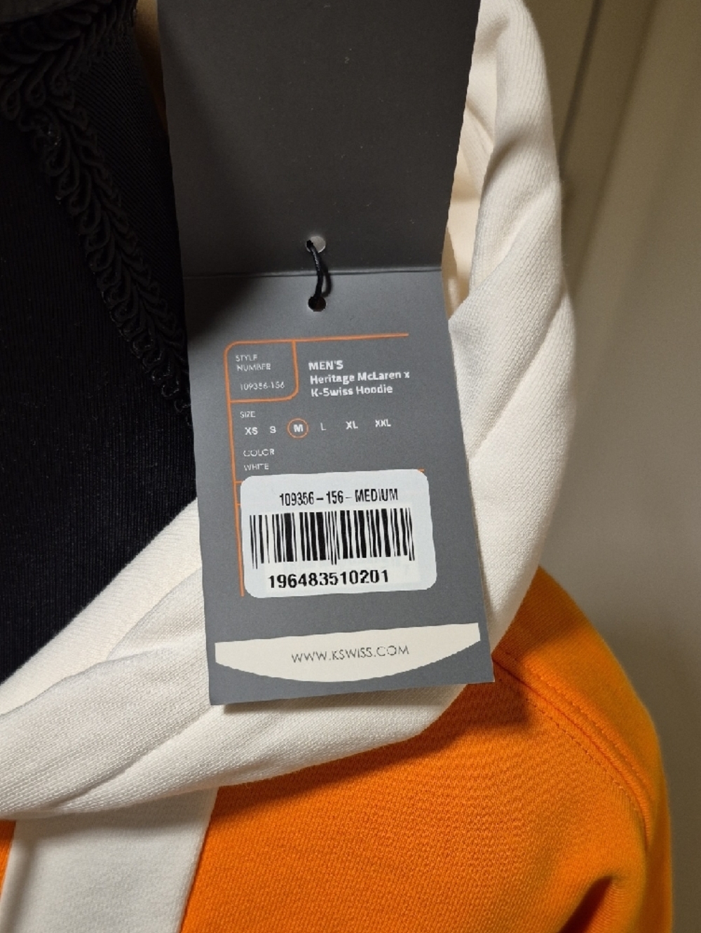 K-Swiss Men's White and Orange McClaren Hoodie with Stripe Detail - Picture 6 of 7